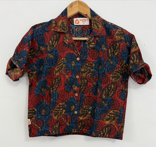 Floral Print Cotton Crop Shirt for Women