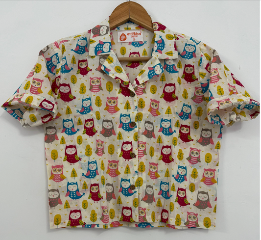 Cute Owl Print Crop Shirt for Women