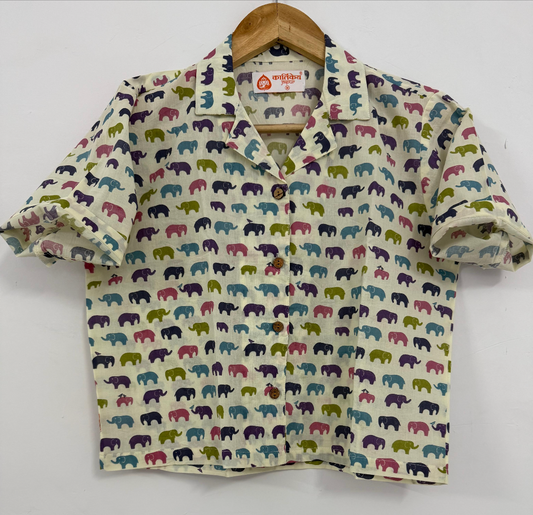 Cute Elephant Print Cotton Crop Shirt for Women
