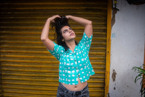 Cute Elephant Block Print Crop Cotton Shirt for Women