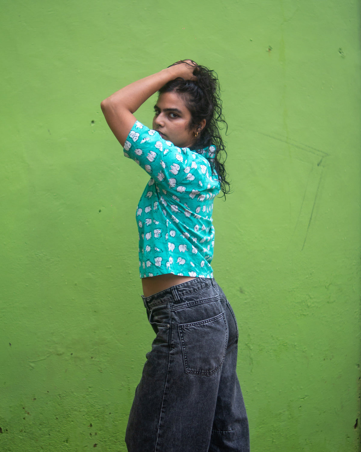 Cute Elephant Block Print Crop Cotton Shirt for Women