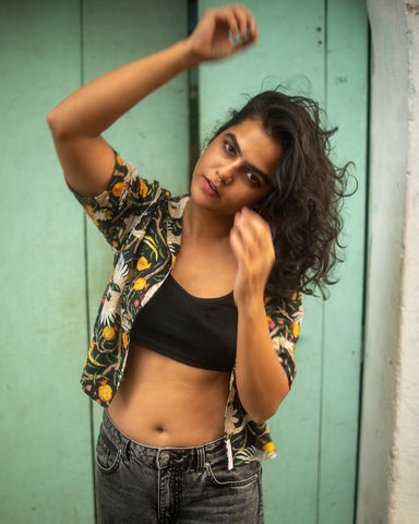 Jungle Print Vintage Cotton Crop Shirt for Women