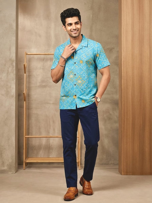 Classic  Bandhani Print Cuban Collar Shirt for Men