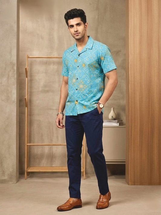 Classic  Bandhani Print Cuban Collar Shirt for Men