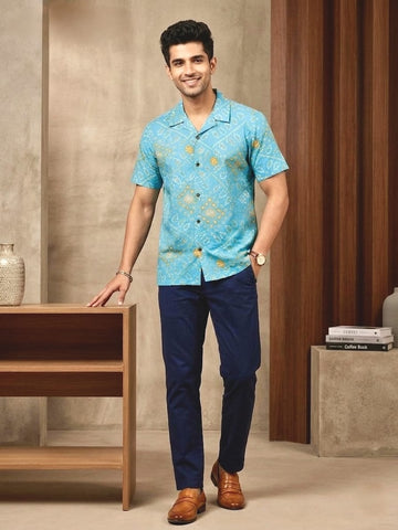 Classic  Bandhani Print Cuban Collar Shirt for Men