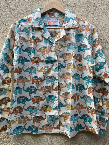 Elephant Print Full Sleeve Cotton Shirt for Womens