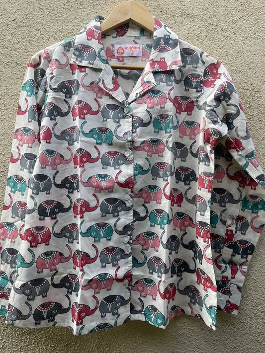 Elephant Print Full Sleeve Cotton Shirt for Women