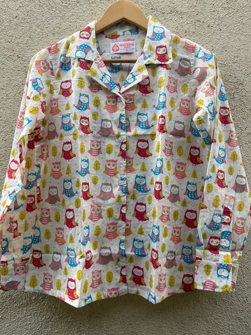 Cute Owl Print Full Sleeve Cotton Shirt for Womens