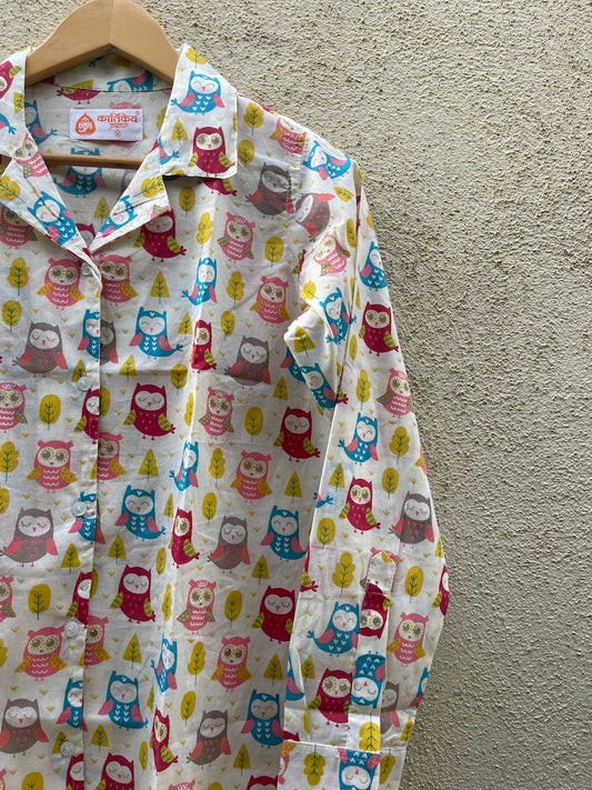 Cute Owl Print Full Sleeve Cotton Shirt for Womens