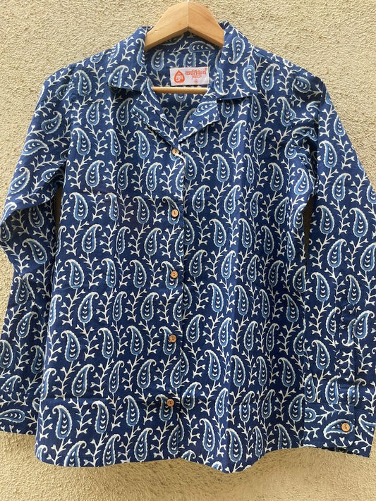 Classic Indigo Print Full Sleeve Cotton Shirt for Womens