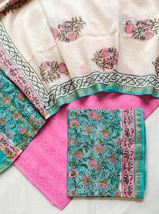 Unstitched Hand Block Print Chanderi Silk Suit
