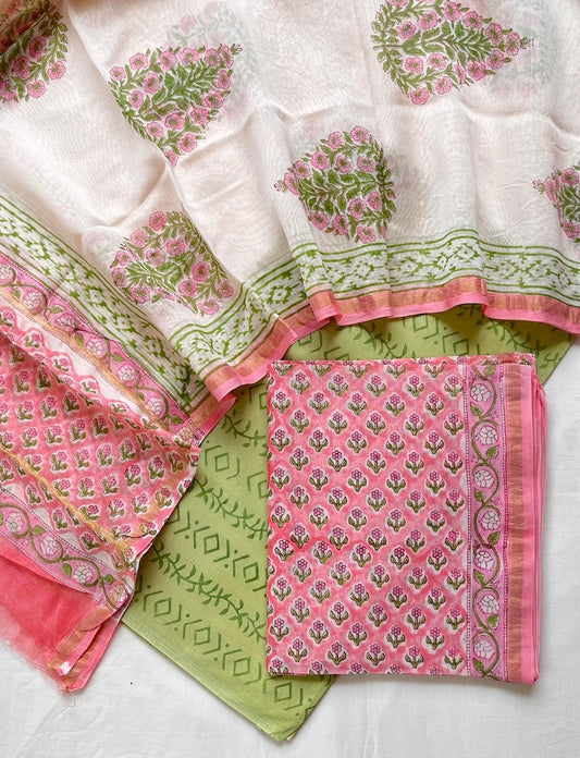 Unstitched Hand Block Print Chanderi Silk Suit