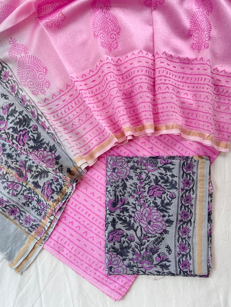 Unstitched Hand Block Print Chanderi Silk Suit