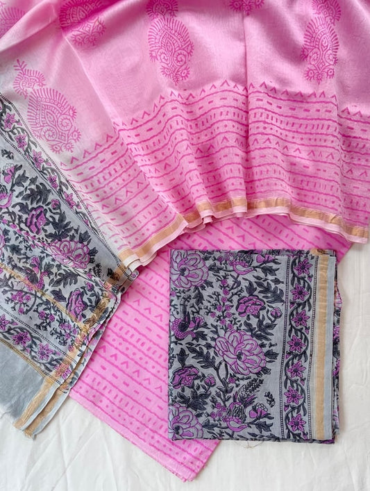 Unstitched Hand Block Print Chanderi Silk Suit