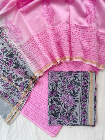 Unstitched Hand Block Print Chanderi Silk Suit