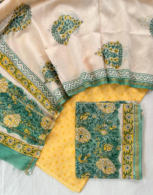 Unstitched Hand Block Print Chanderi Silk Suit