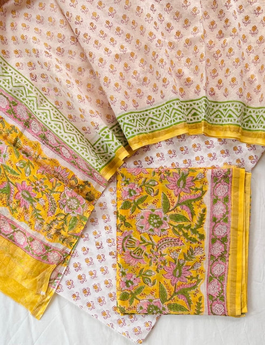 Unstitched Hand Block Print Chanderi Silk Suit