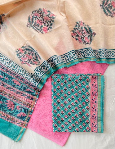 Unstitched Hand Block Print Chanderi Silk Suit