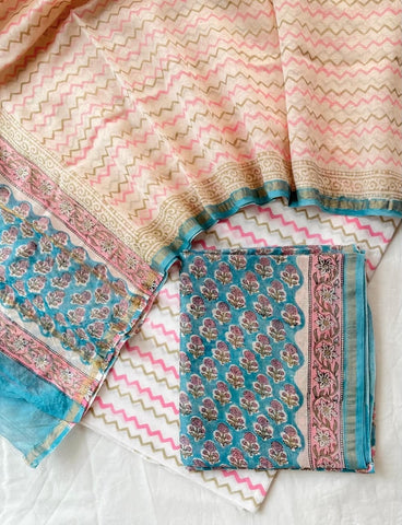 Unstitched Hand Block Print Chanderi Silk Suit