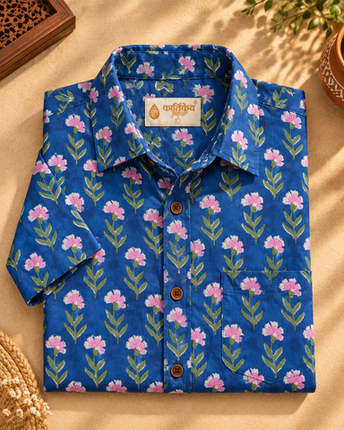 Classic Organic Indigo Print Men's Half Sleeves Shirt