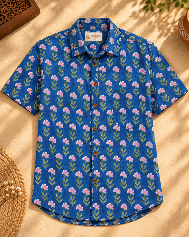 Classic Organic Indigo Print Men's Half Sleeves Shirt