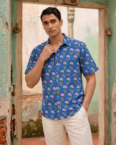 Classic Organic Indigo Print Men's Half Sleeves Shirt