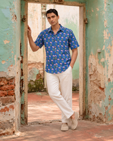 Classic Organic Indigo Print Men's Half Sleeves Shirt