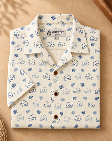 Blue Elephant Print Cotton Shirt Men - By Kartikeya Jaipur