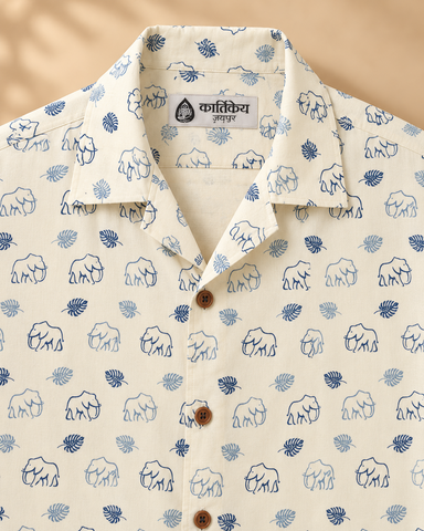 Blue Elephant Print Cotton Shirt Men - By Kartikeya Jaipur