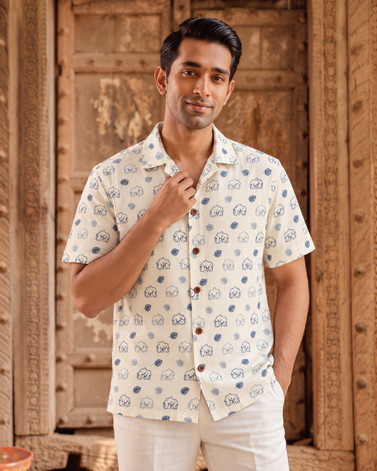 Blue Elephant Print Cotton Shirt Men - By Kartikeya Jaipur