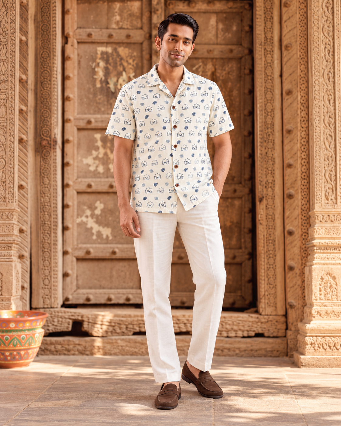 Blue Elephant Print Cotton Shirt Men - By Kartikeya Jaipur