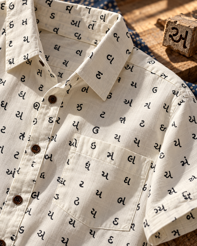 Classic Gujrati Alphabet Print Cotton Men's Half Shirt