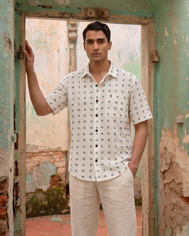 Classic Gujrati Alphabet Print Cotton Men's Half Shirt