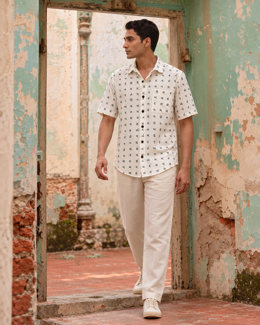 Classic Gujrati Alphabet Print Cotton Men's Half Shirt