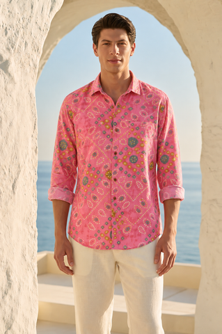 Peach Bandhej Cotton Full Sleeve Shirt for Men