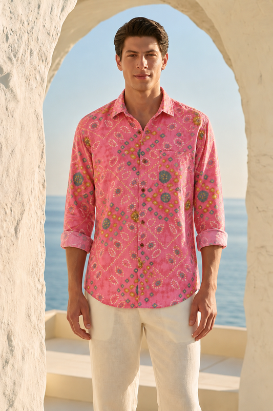 Peach Bandhej Cotton Full Sleeve Shirt for Men