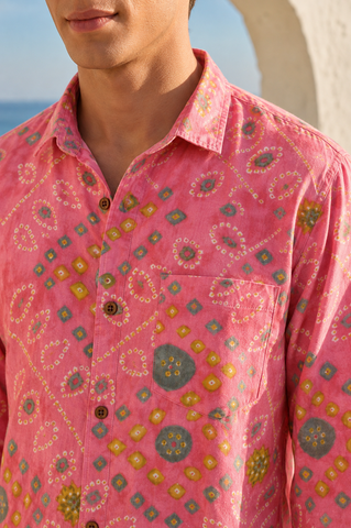 Peach Bandhej Cotton Full Sleeve Shirt for Men