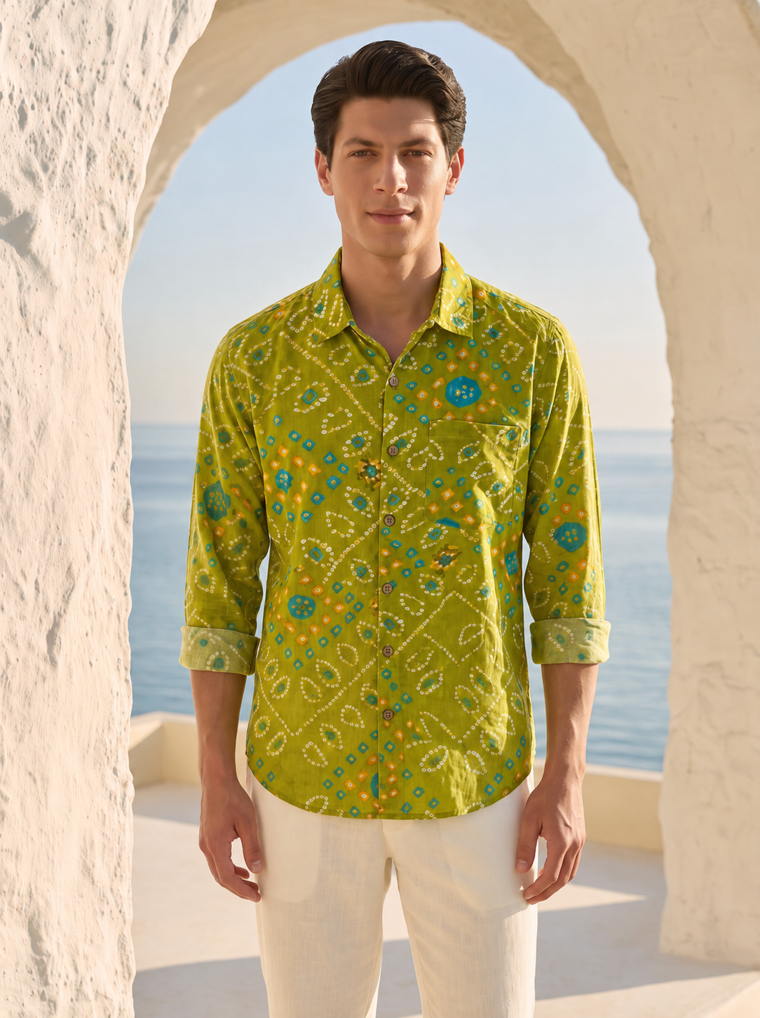 Ethnic Bandhej Print Festive Full Sleeve Olive Shirt