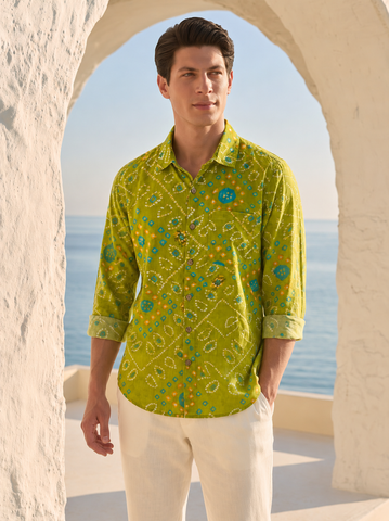 Ethnic Bandhej Print Festive Full Sleeve Olive Shirt