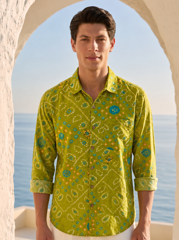 Ethnic Bandhej Print Festive Full Sleeve Olive Shirt