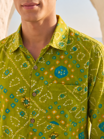 Ethnic Bandhej Print Festive Full Sleeve Olive Shirt