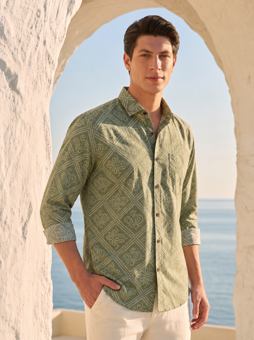 Bandhej Full Sleeves Printed Shirt For Men (Granite Green)