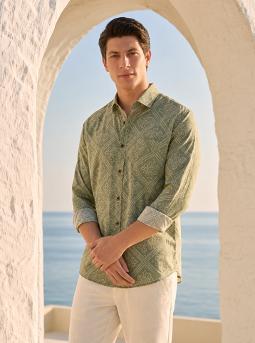 Bandhej Full Sleeves Printed Shirt For Men (Granite Green)