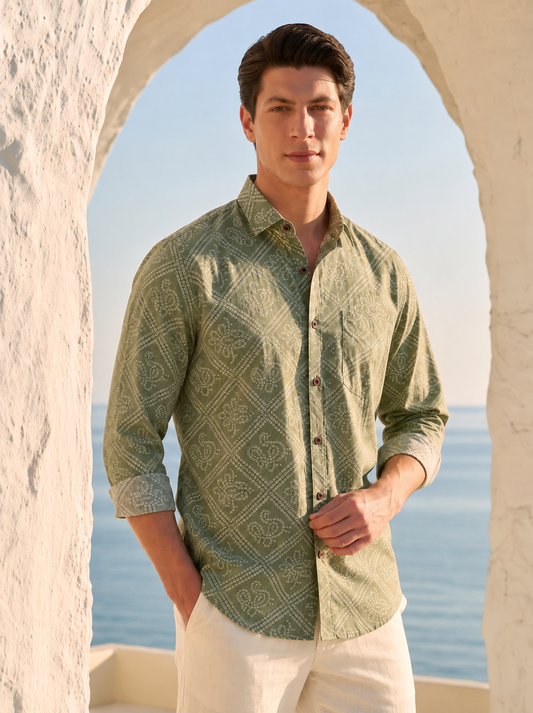 Bandhej Full Sleeves Printed Shirt For Men (Granite Green)