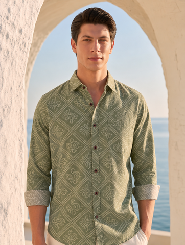 Bandhej Full Sleeves Printed Shirt For Men (Granite Green)