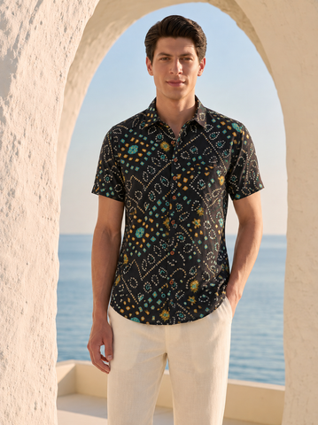 Cotton Black Half Sleeve Bandhej Shirt for Men