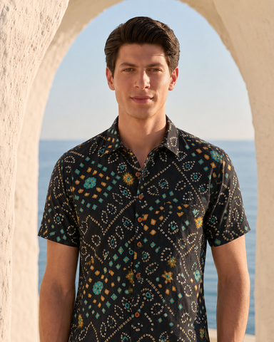 Cotton Black Half Sleeve Bandhej Shirt for Men