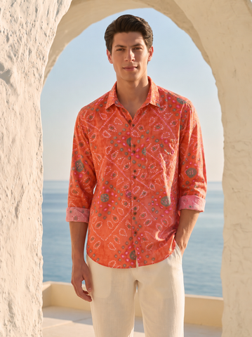Orange Bandhej Cotton Full Sleeve Shirt for Men