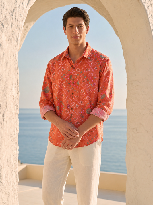 Orange Bandhej Cotton Full Sleeve Shirt for Men