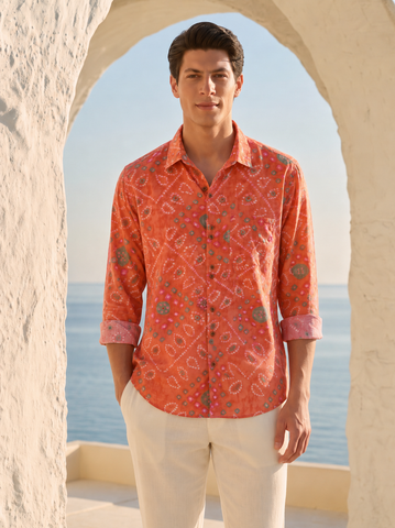 Orange Bandhej Cotton Full Sleeve Shirt for Men